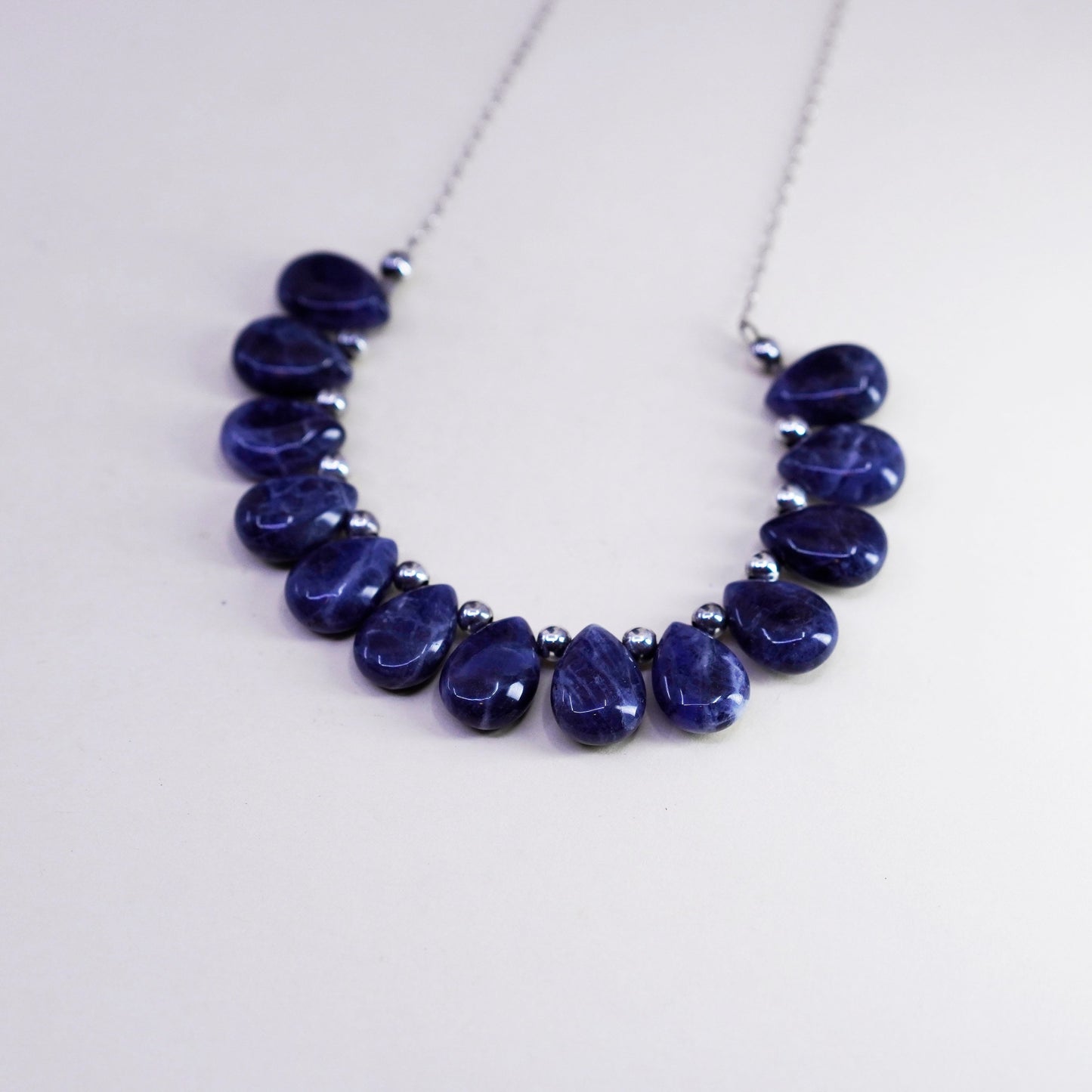 16”, sterling silver 925 necklace, circle chain with teardrop sodalite pendant