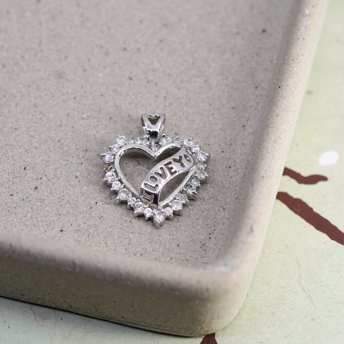 Vintage sterling 925 silver heart pendant with “love you” and Cz