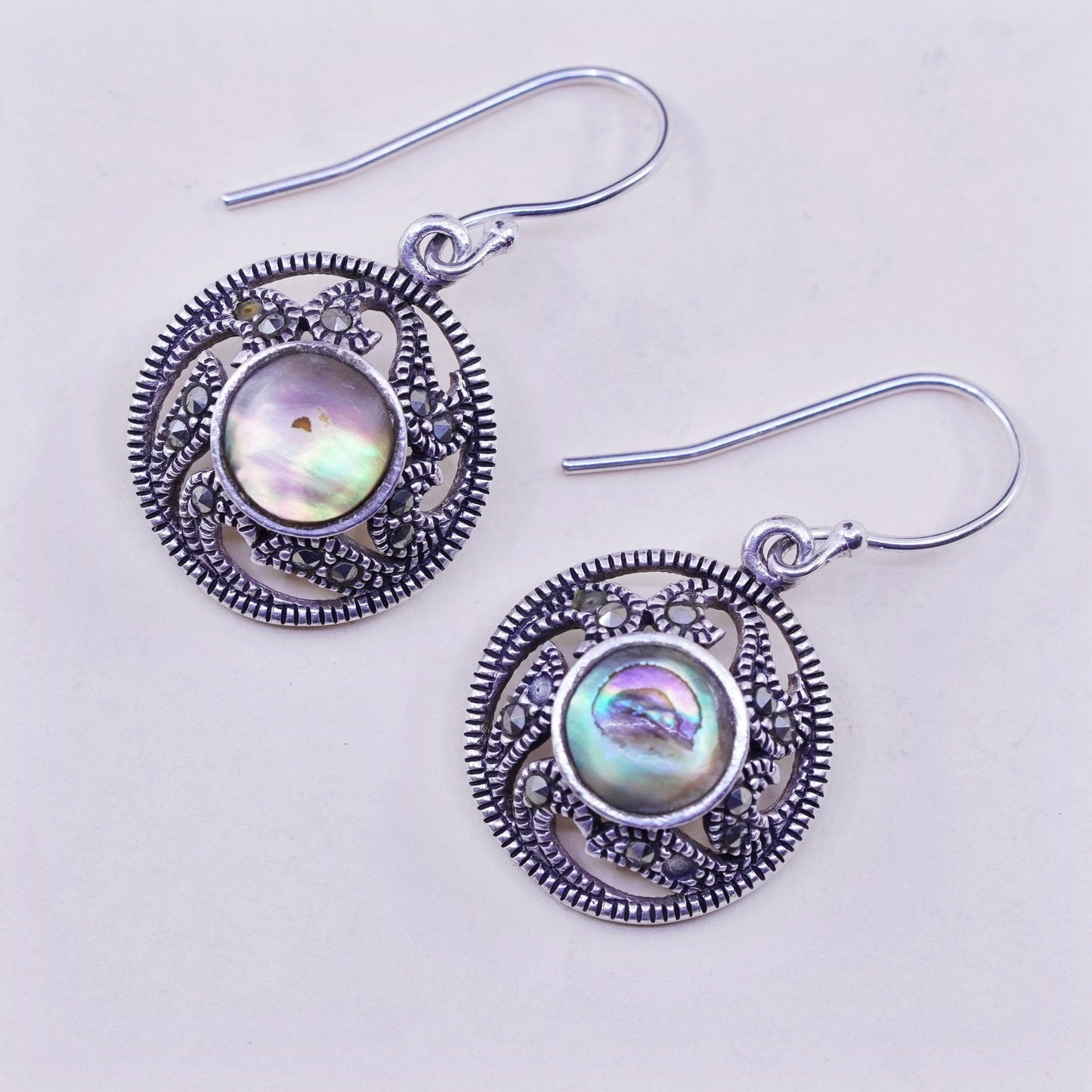 Vintage Sterling silver handmade earrings, 925 circle with abalone marcasite