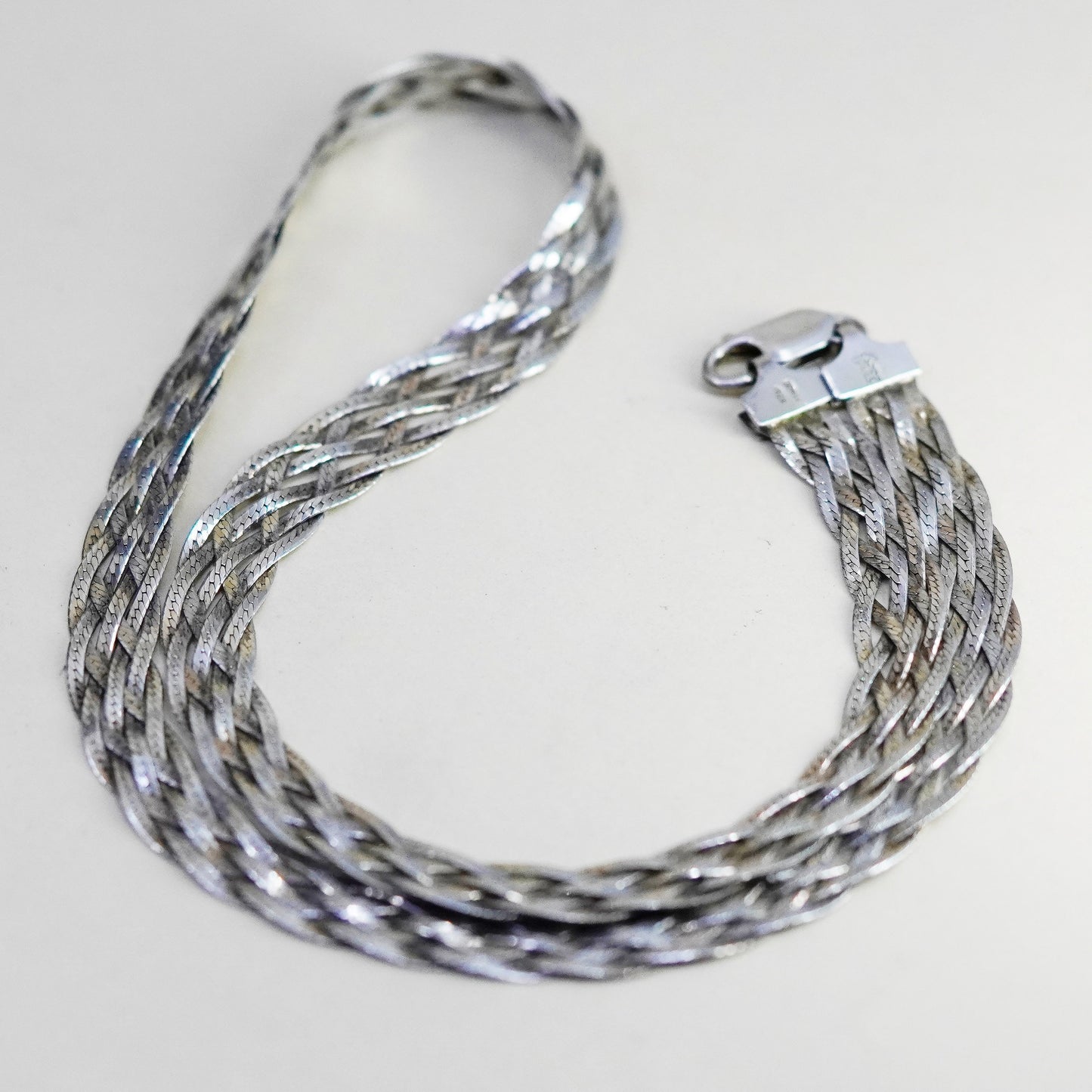 18”, 9mm, Vintage sterling silver necklace, 925 woven braided herringbone chain