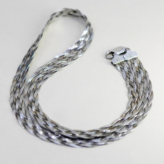 18”, 9mm, Vintage sterling silver necklace, 925 woven braided herringbone chain