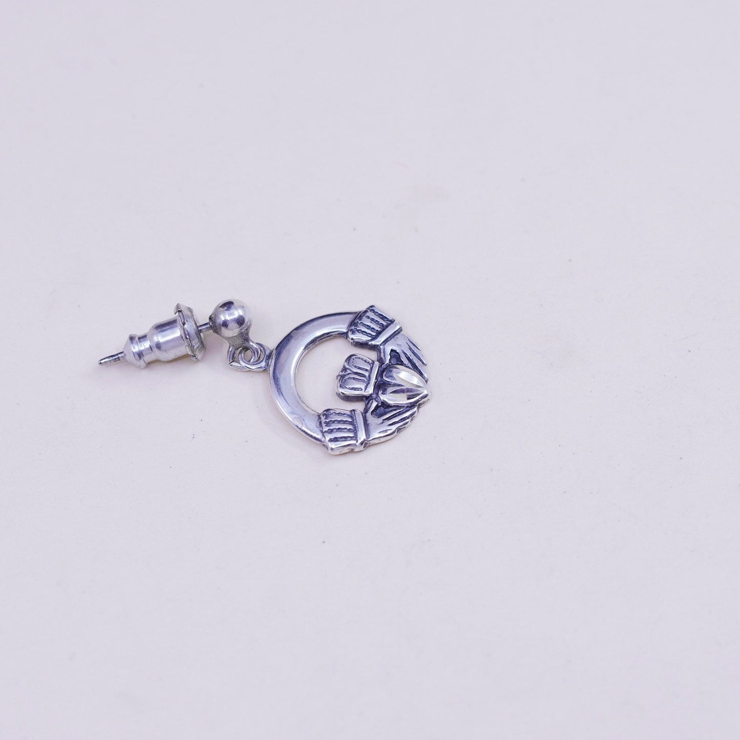 Vintage Sterling silver handmade earrings, 925 claddagh holding heart dangles