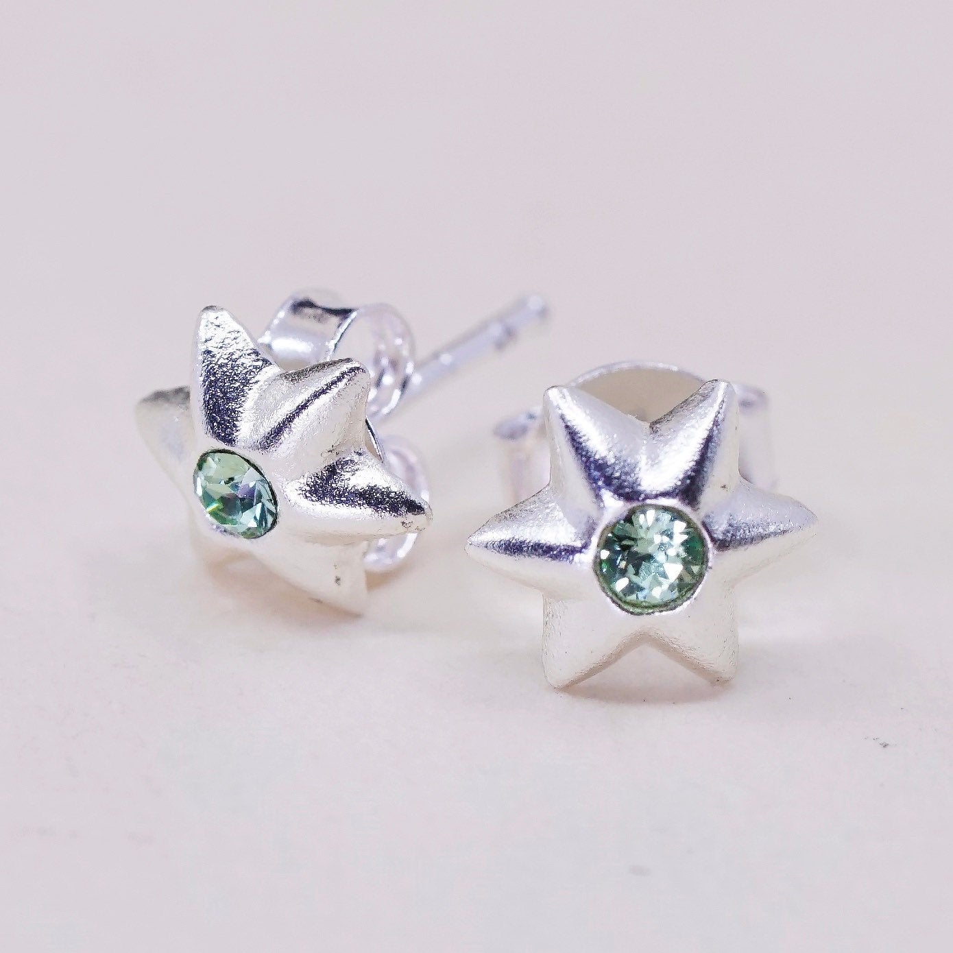 Vintage sterling silver star green CZ studs, fashion minimalist earrings