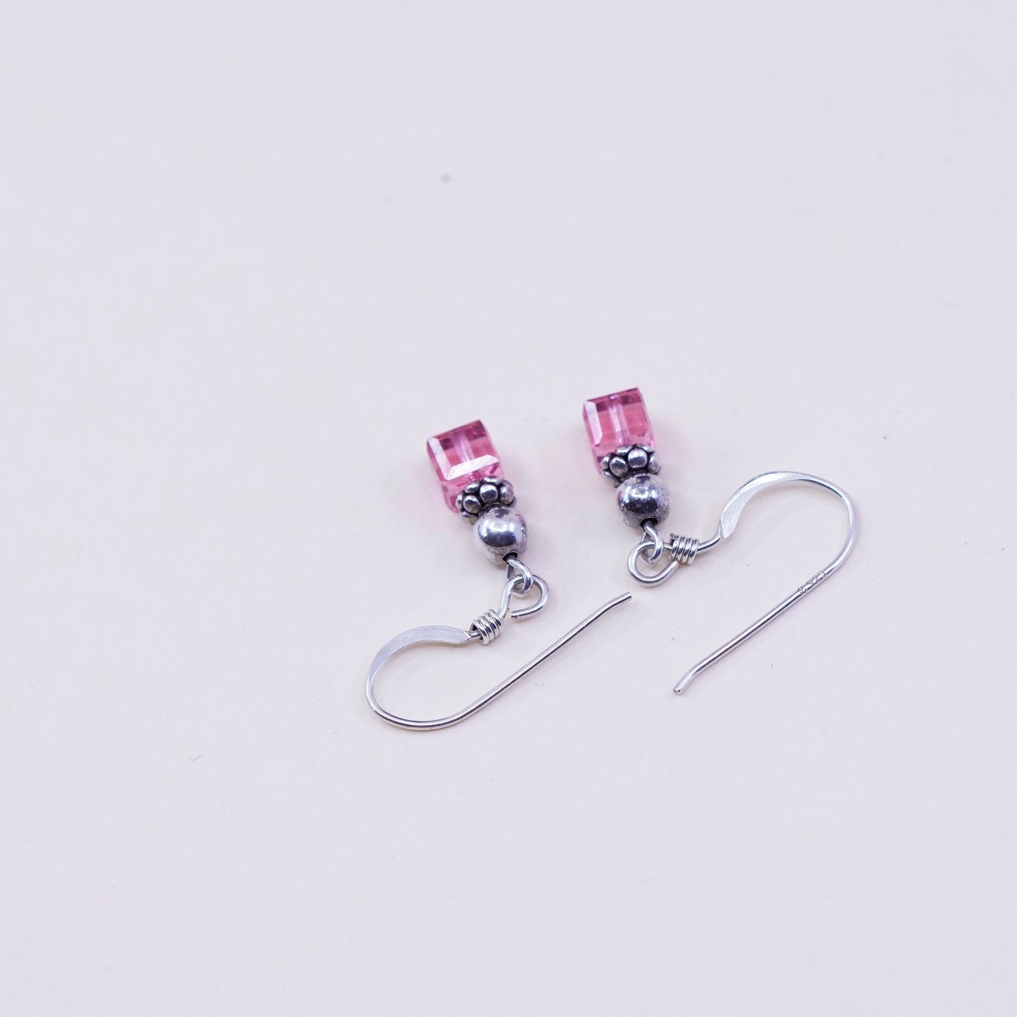 Vintage Sterling 925 silver handmade earrings, with pink crystal cube, stamped 925