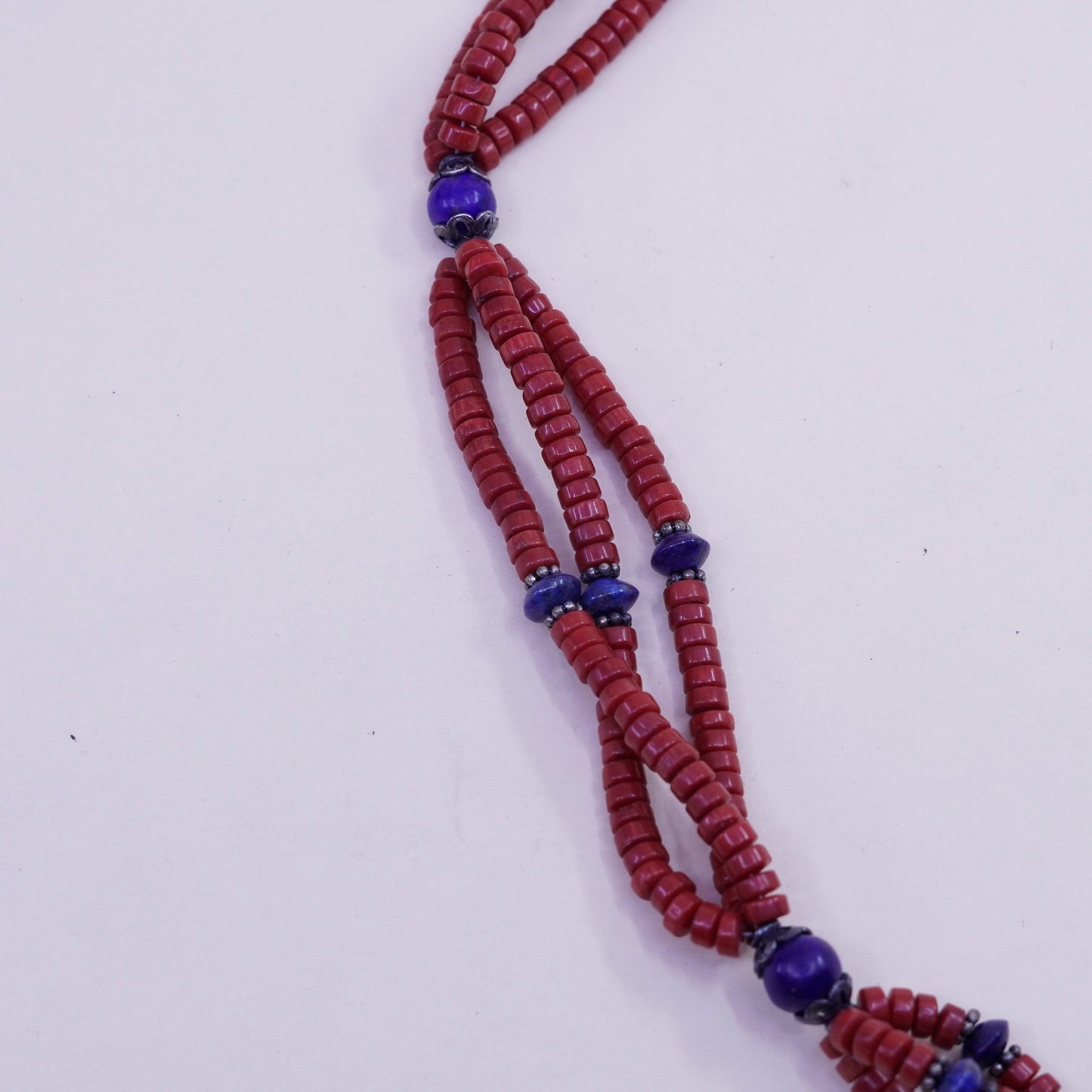 18”, native American Sterling 925 silver necklace, Coral heishi lapis lazuli