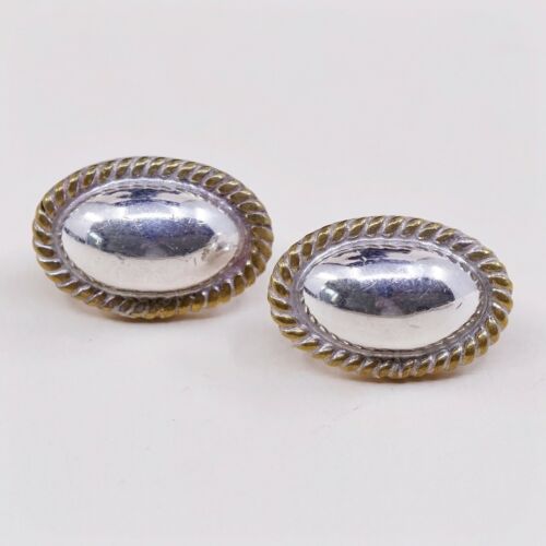 0.5”, Two Tone 925 Sterling Silver Handmade Oval Earrings, Mexico 925 Studs