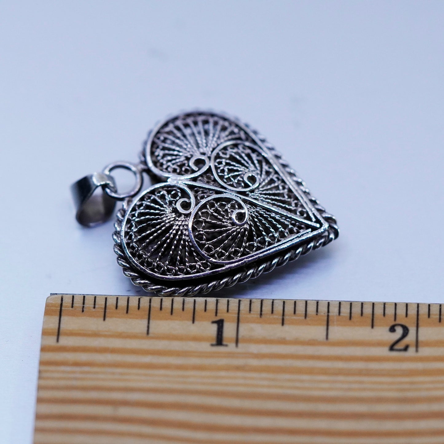 Vintage sterling 925 silver filigree heart pendant charm