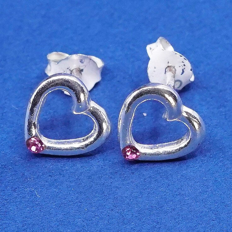 vtg Sterling silver handmade earrings, 925 heart studs w/ pink crystal