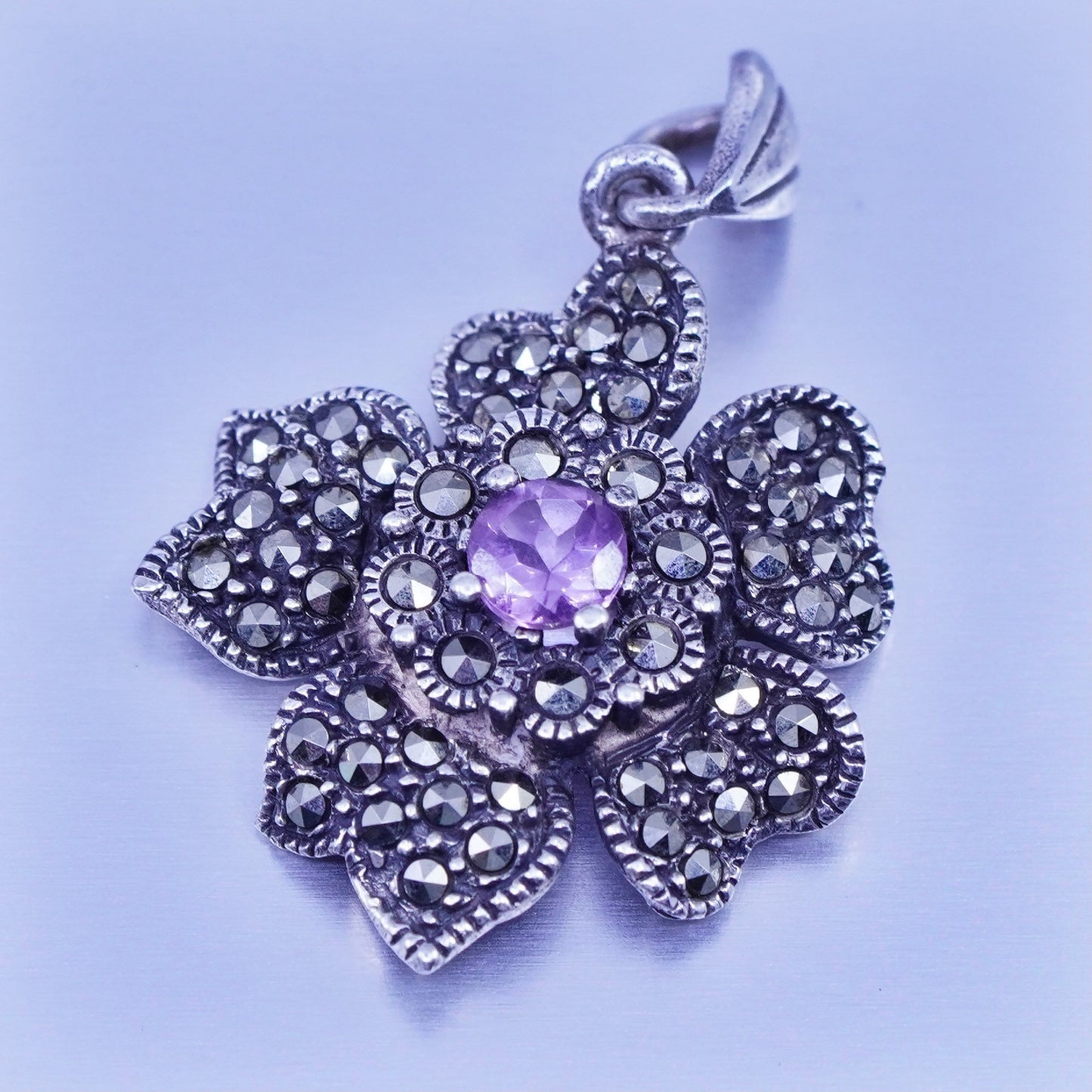 Antique Sterling silver handmade charm, 925 flower pendant Marcasite amethyst