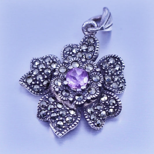 Antique Sterling silver handmade charm, 925 flower pendant Marcasite amethyst