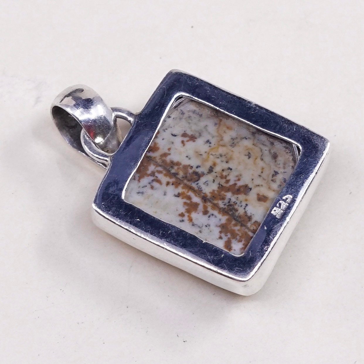 VTG sterling silver handmade pendant, solid 925 silver with square jasper