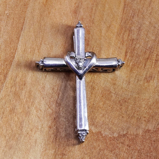 Vintage Sterling silver handmade pendant, 925 cross charm with diamond