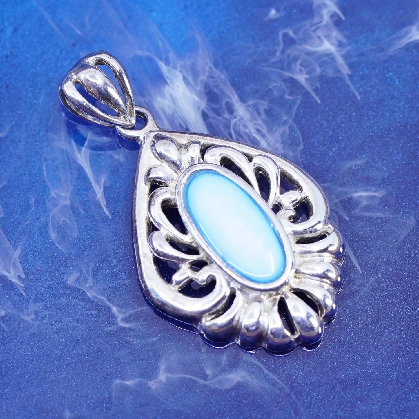 Vintage Sterling silver handmade pendant, 925 filigree charm mother of pearl