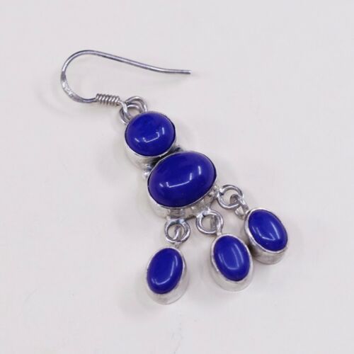 Vtg Sterling Silver Handmade Earrings W/ Blue Onyx Beads Dangles, Stamped 925