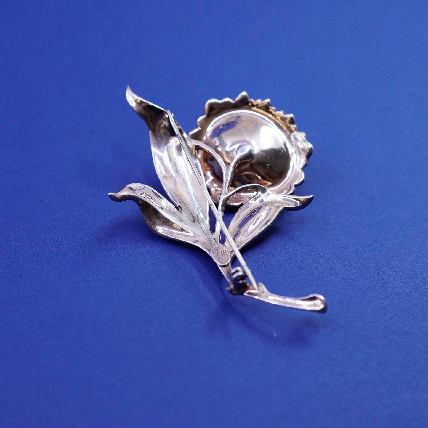 BB faded rose gold over Sterling silver handmade brooch, 1950s 925 sun flower