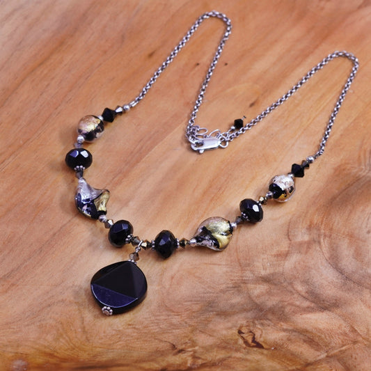 16+2”, sterling 925 silver chain necklace with obsidian beads and pendant