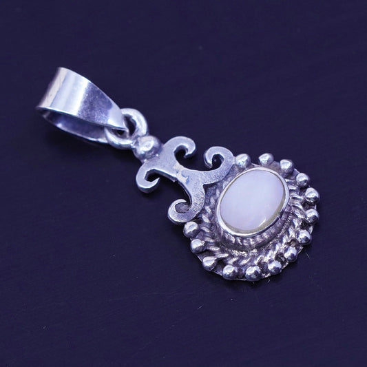 antique sterling 925 silver pendant with oval mother of pearl and beads