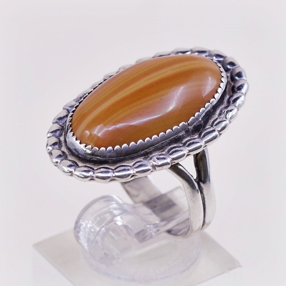 sz 7.25, vtg Southwestern sterling 925 handmade ring w/ orange agate and beads