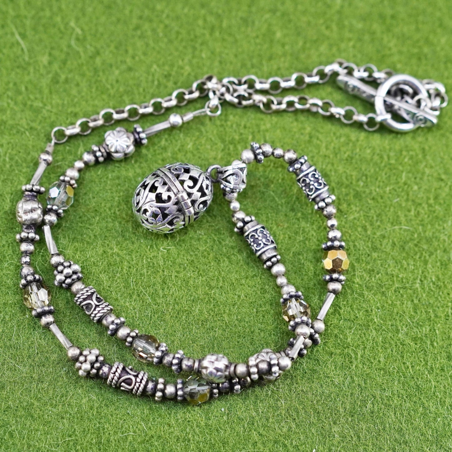 20”, sterling 925 silver handmade bead chain necklace w/ filigree prayer locket