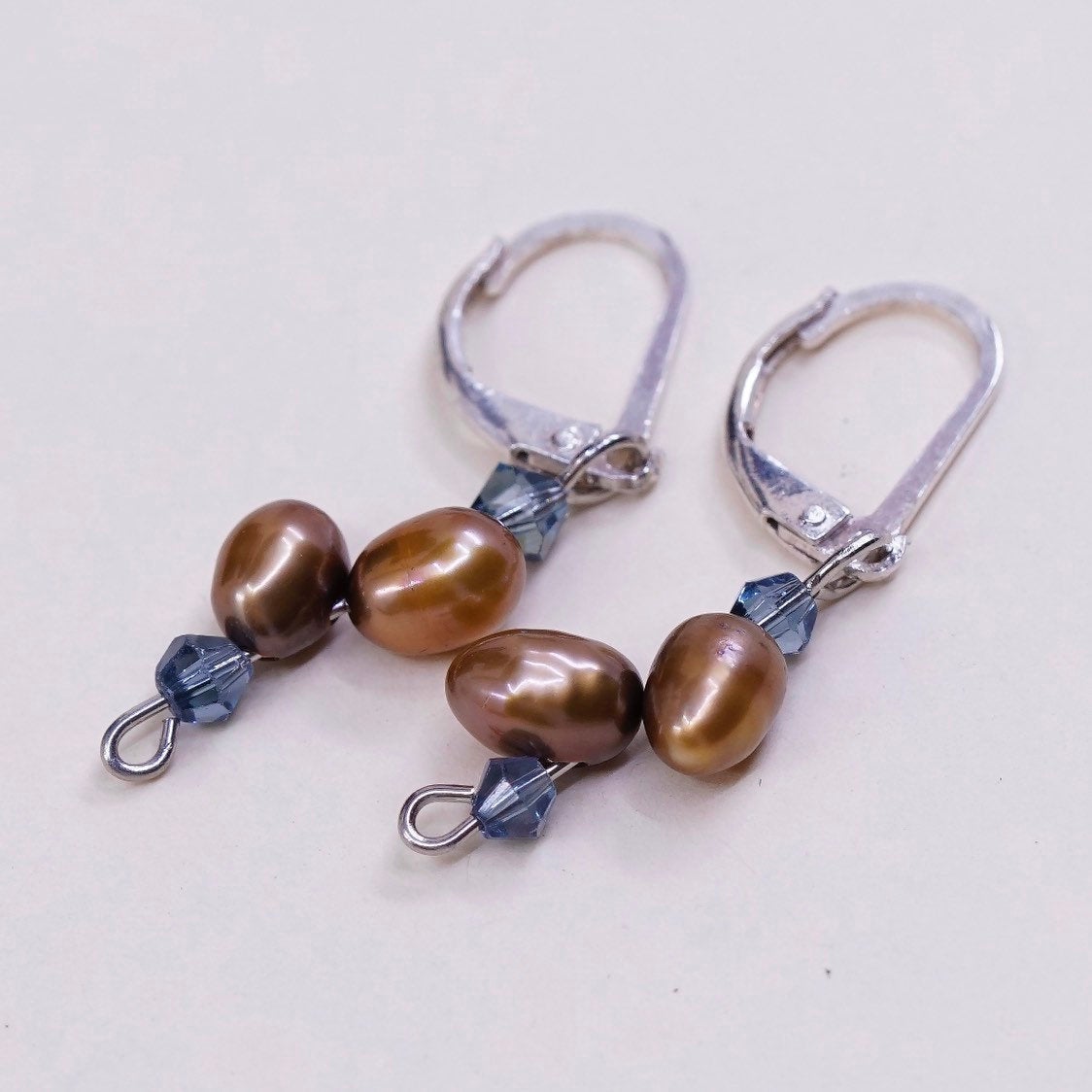 VTG Sterling silver handmade earrings, 925 hooks w/ golden pearl drops