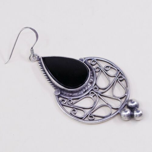 Vtg Sterling Silver Handmade Earrings, 925 Silver Teardrop W/ Obsidian N Beads