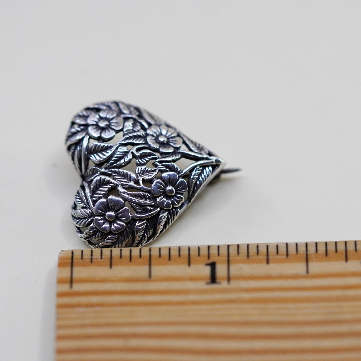 Vintage sterling silver handmade brooch, 925 Jezlaine floral filigree heart pin