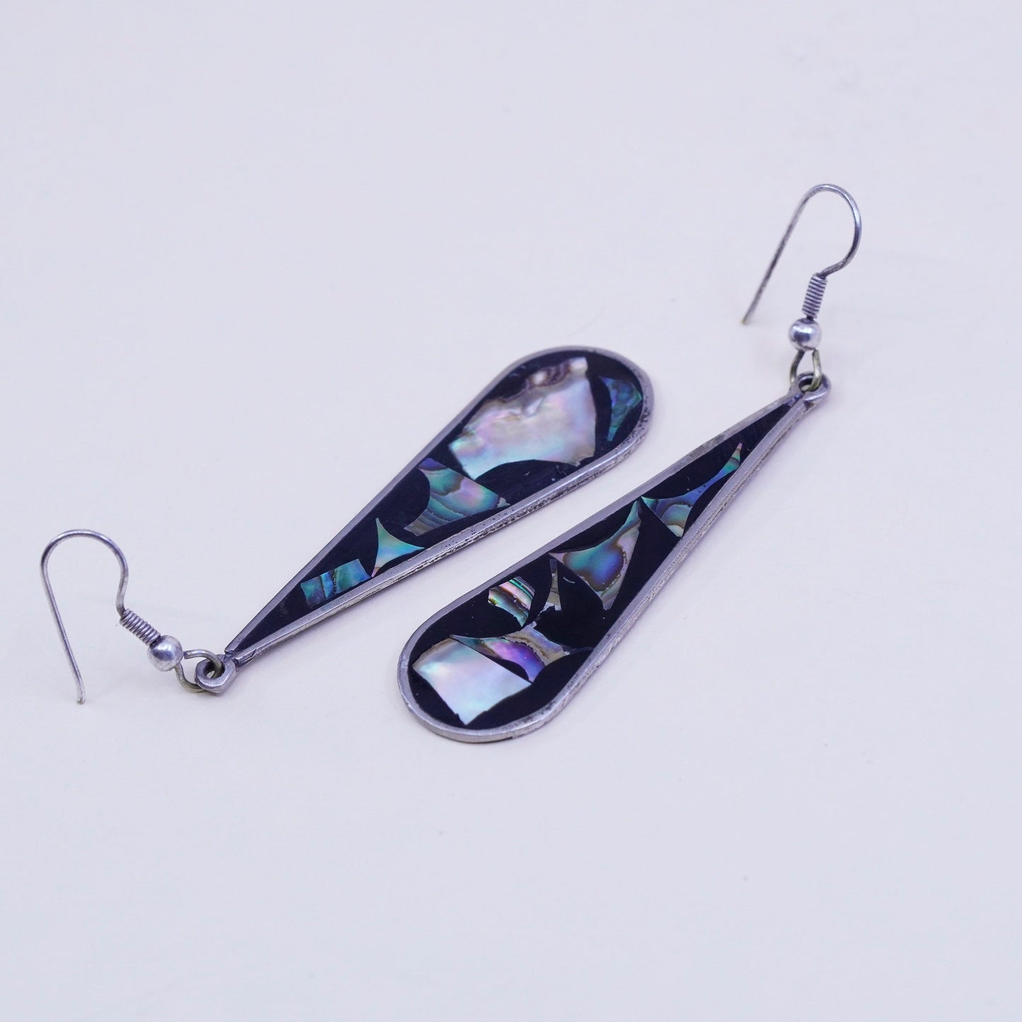 Mexico alpaca silver handmade earrings, teardrop with abalone flower and resin