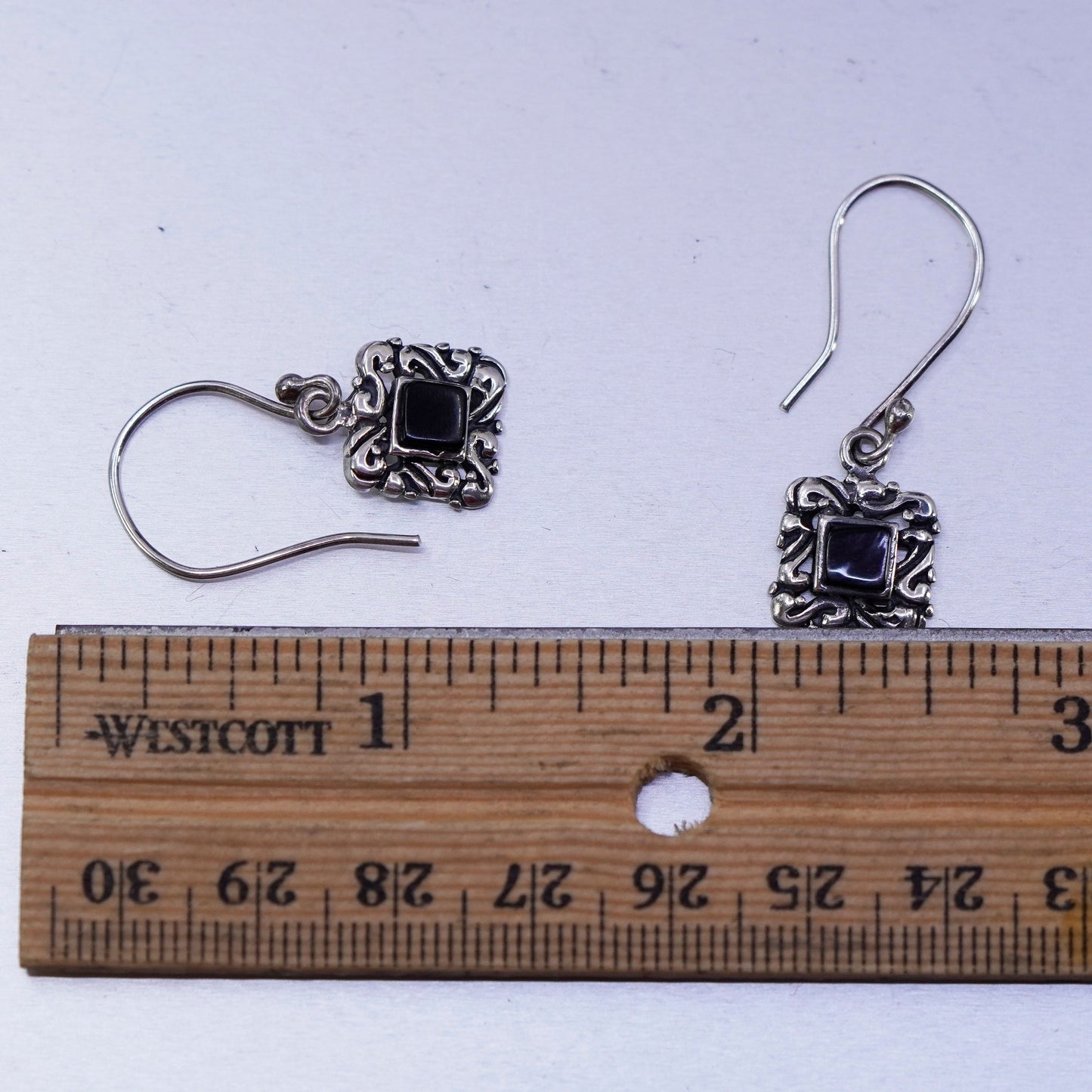 Mexico Sterling 925 silver handmade filigree square earrings with black onyx