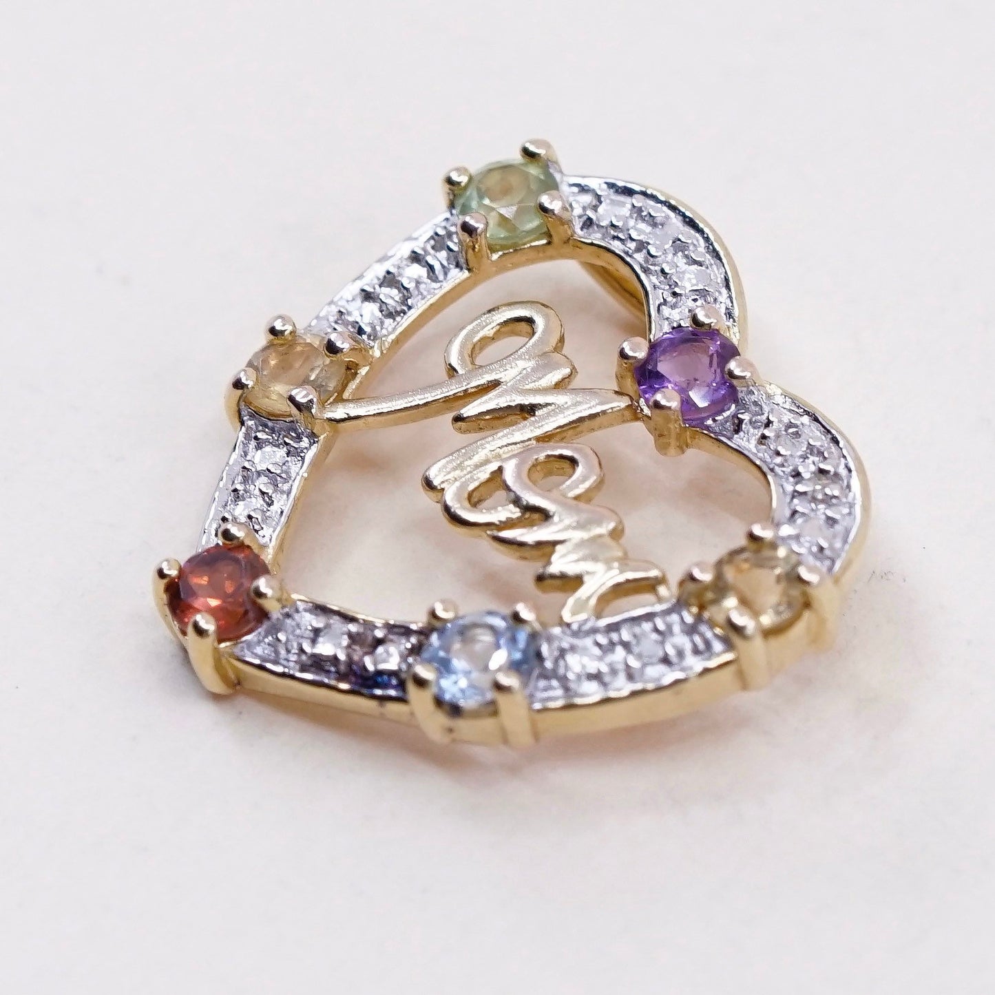 vermeil gold over sterling silver pendant, heart w/ “mom” ruby amethyst peridot