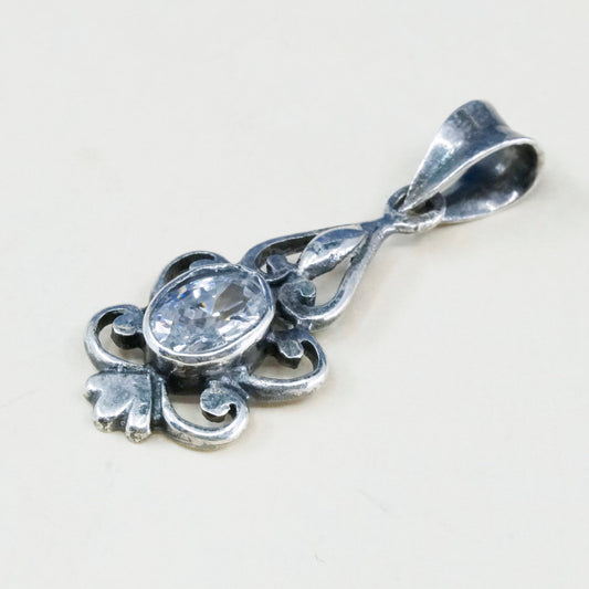 vtg sterling silver cz crystal pendant, 925 silver pendant, stamped 925