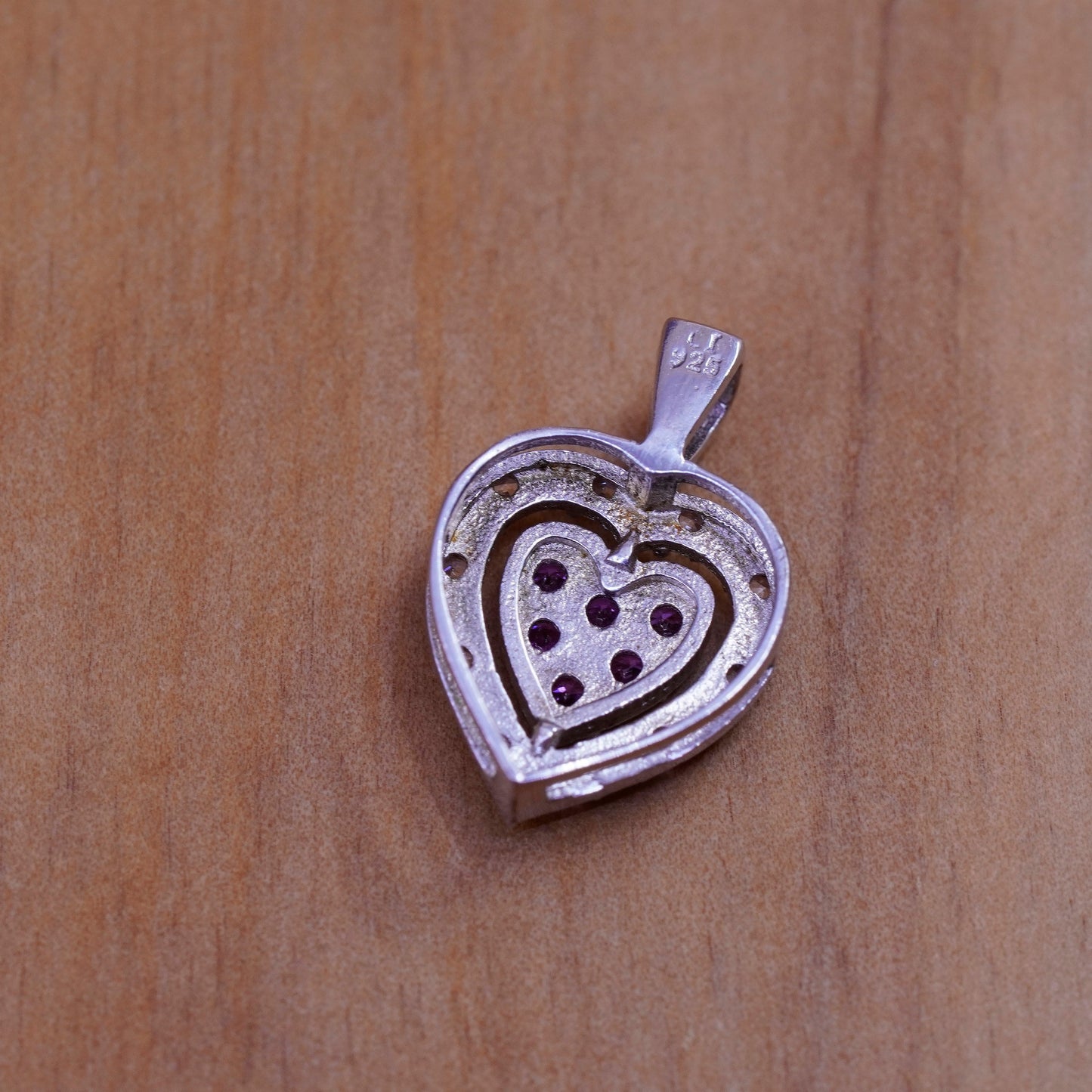 Vintage Sterling 925 silver filigree heart pendant with pink Cz