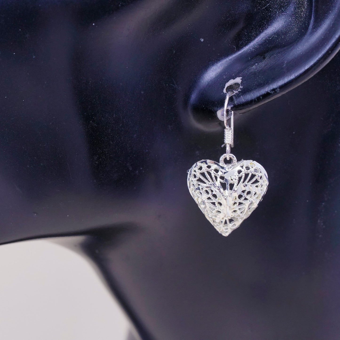 Vintage sterling silver handmade earrings, 925 filigree heart