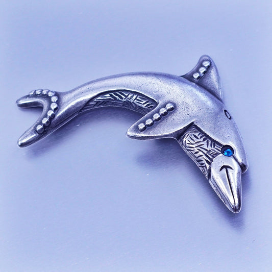 Vintage newpro silver tone dolphin brooch with blue eye