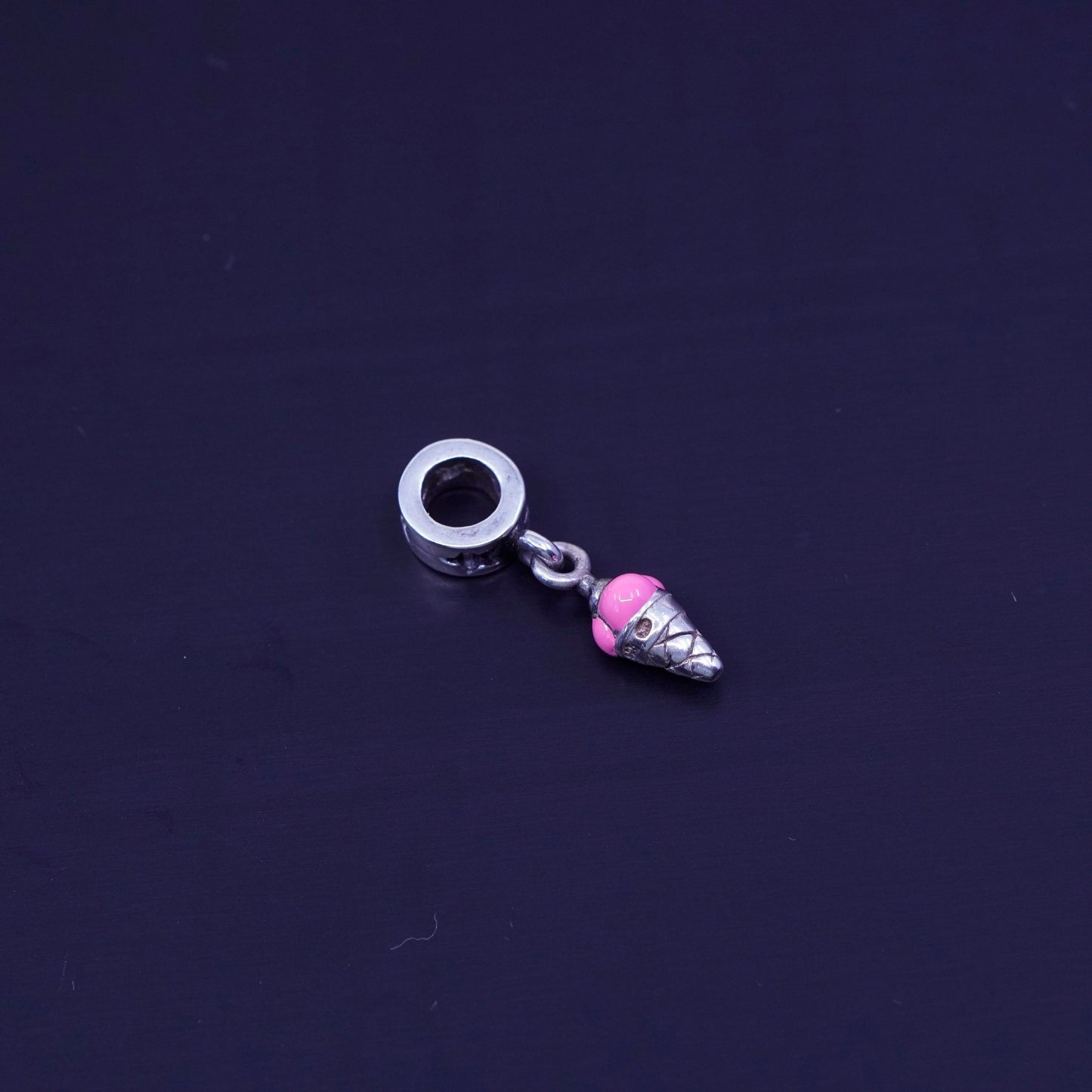 Antique Sterling silver handmade charm, 925 pink enamel ice cream bead w/ star