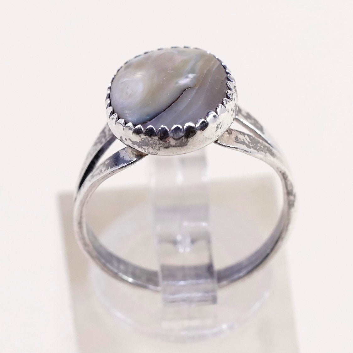 sz 6, vtg sterling silver handmade ring, 925 w/ oval abalone, silver tested