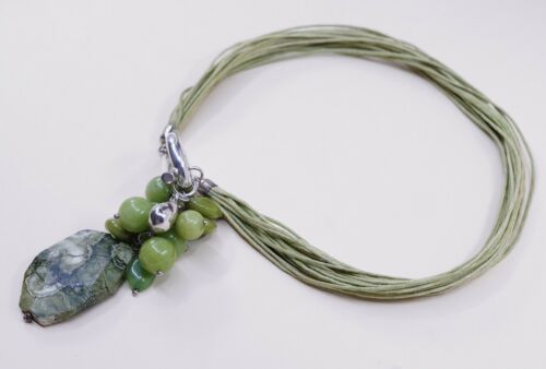 14”, Linen chain necklace W Cluster Jade Pendant N Sterling 925 Silver Toggle