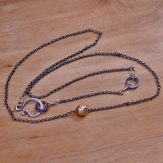 18”, 1mm, vintage silver tone necklace, copper chain with gold bead pendant