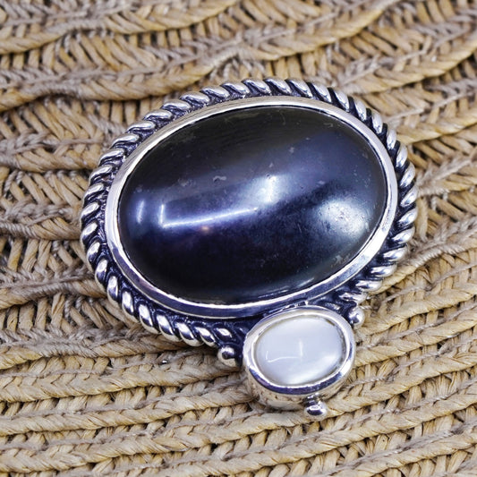 Vintage Mexico Sterling 925 silver handmade pendant w/ hematite mother of pearl