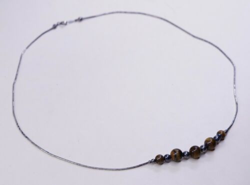 20”, Vtg Sterling handmade necklace, 925 Liquid Silver Chain W/ Golden Tiger Eye