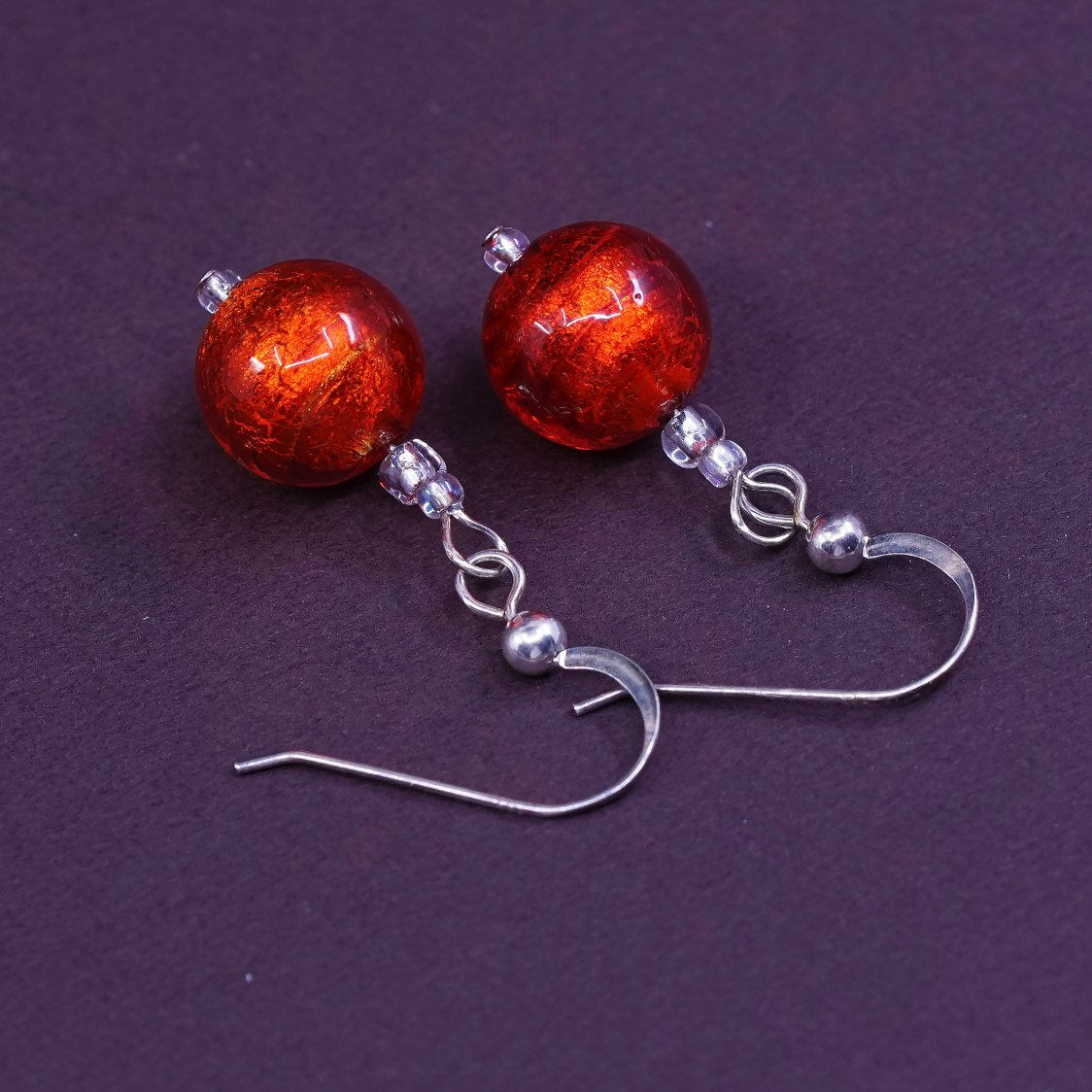 vtg Sterling silver handmade earrings, 925 red glass beads, Silver tested