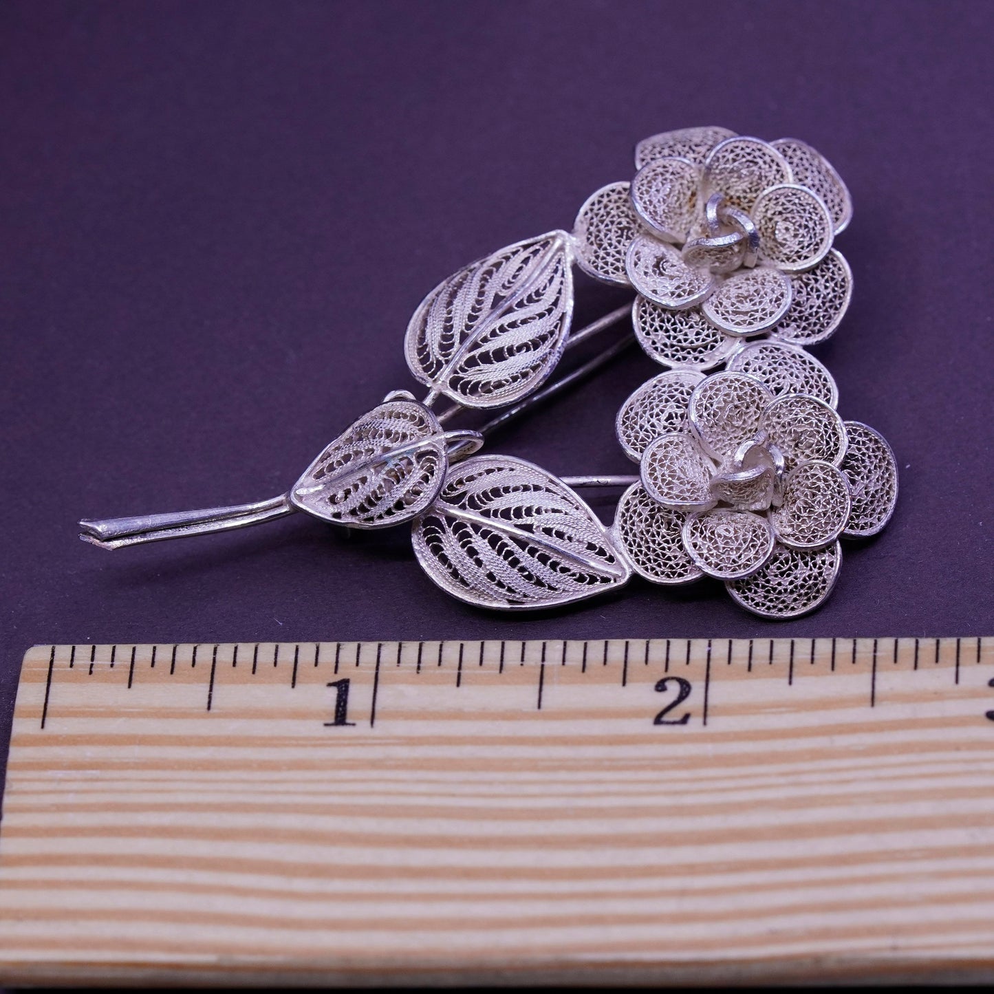 Vintage handmade sterling 925 silver filigree flower floral brooch