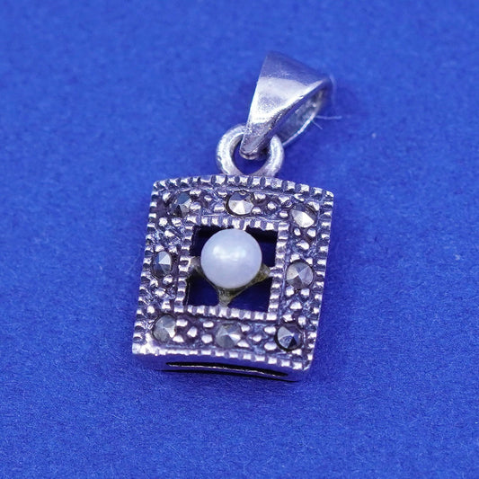 Vintage sterling 925 silver handmade pendant with pearl and marcasite