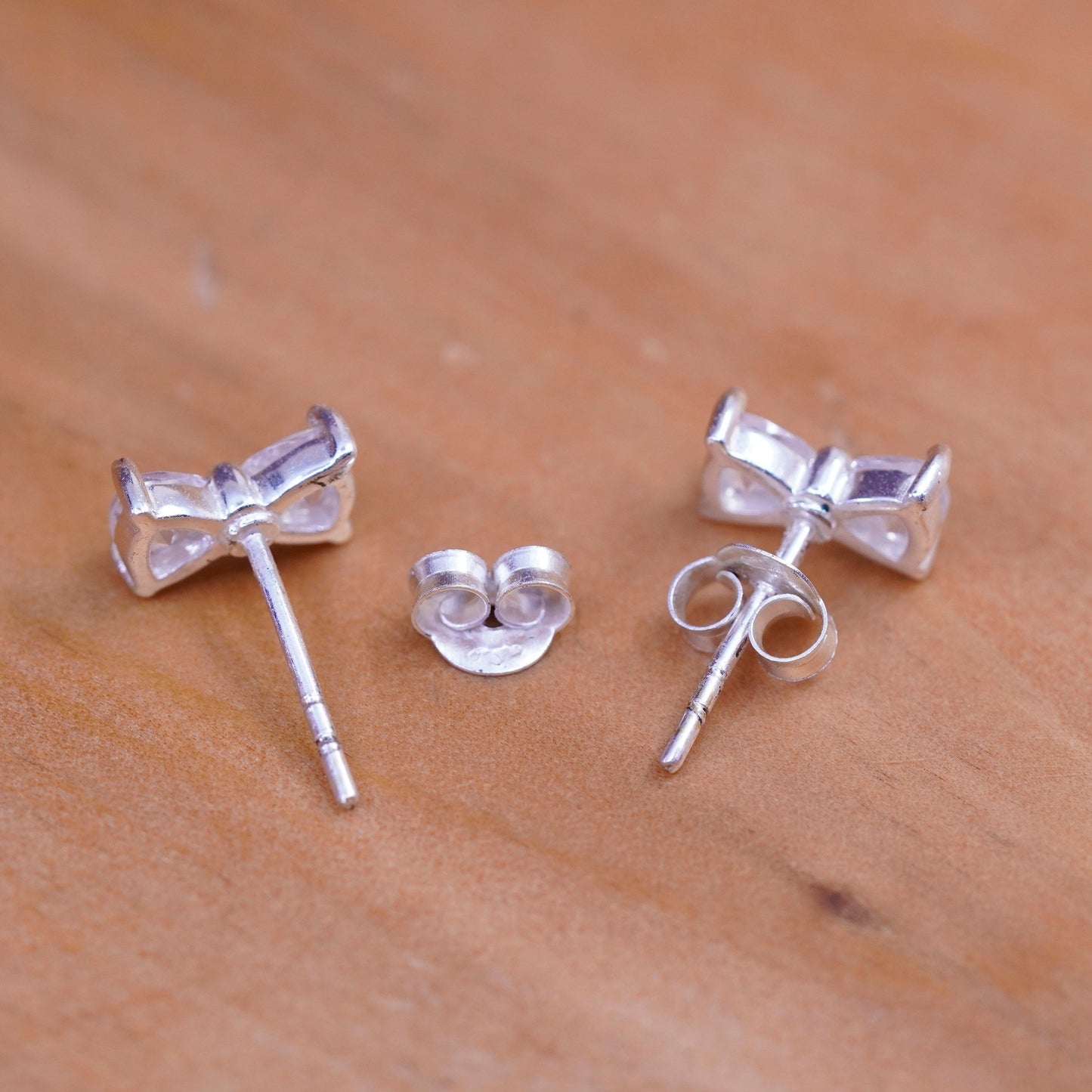 vintage Sterling 925 silver ribbon bow tie studs, cz earrings