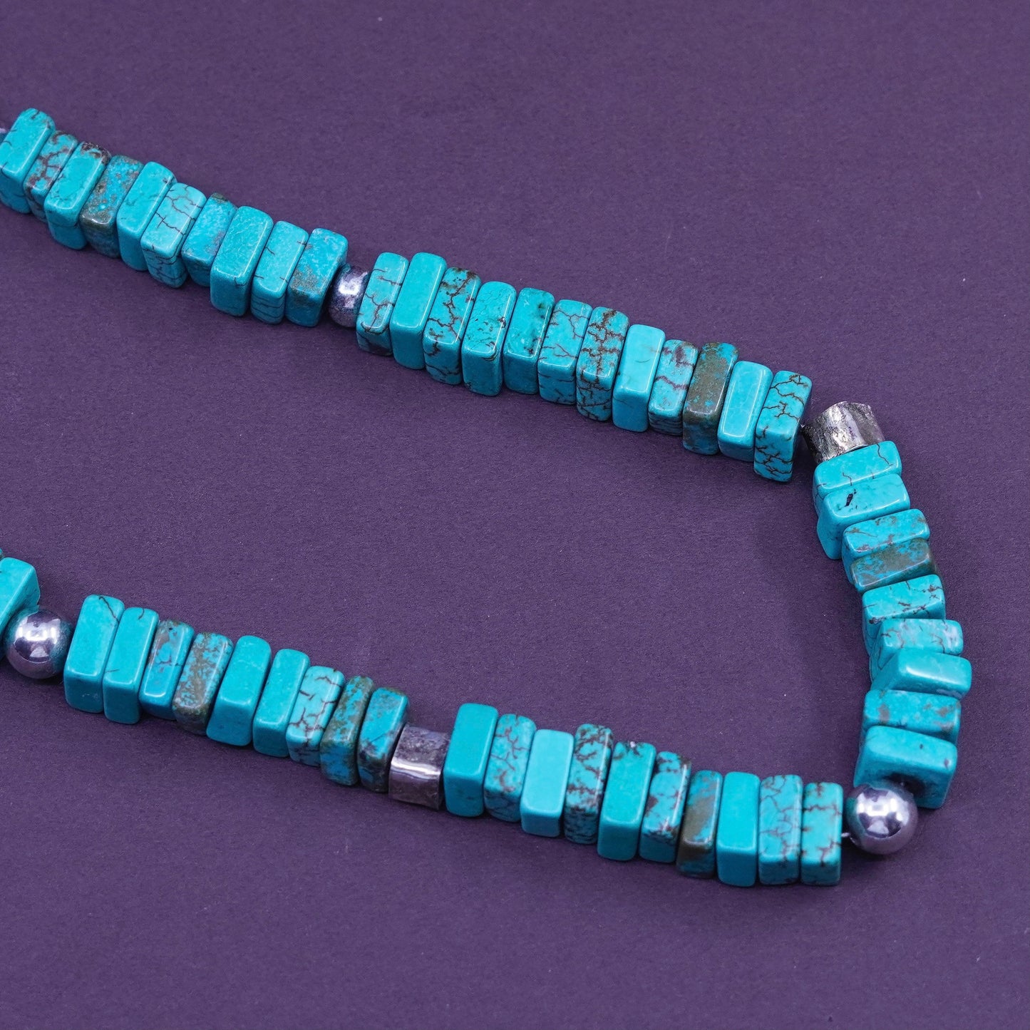 17”. Vintage Native American heishi handmade necklace with turquoise squares