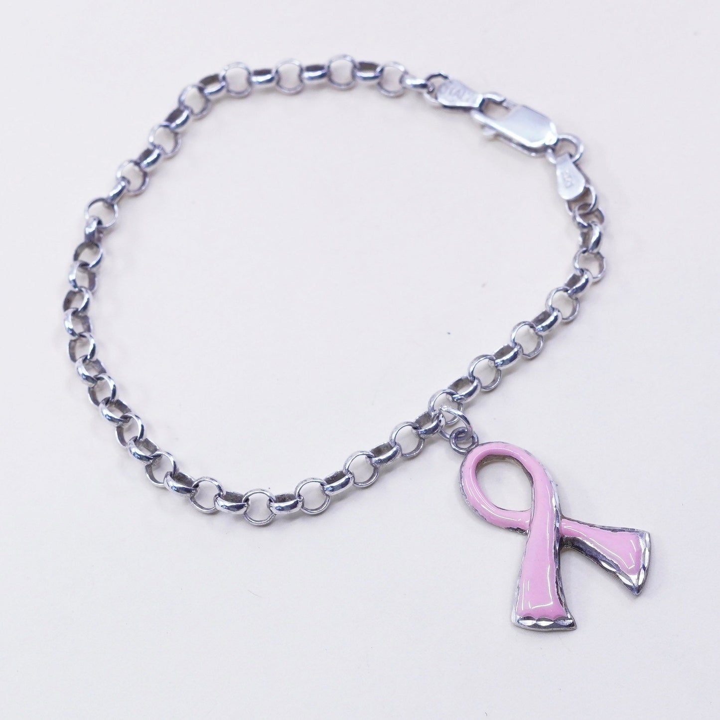 6.5” sterling 925 silver bracelet, circle chain ribbon breast cancer survivor