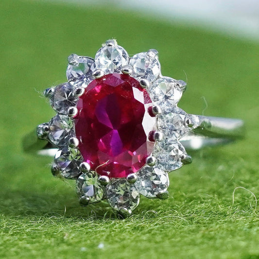 Size 7, Vintage sterling 925 silver ring with oval ruby and cz around