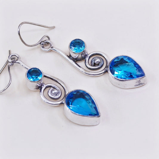 Vintage sterling silver handmade earrings, 925 with teardrop blue topaz drops