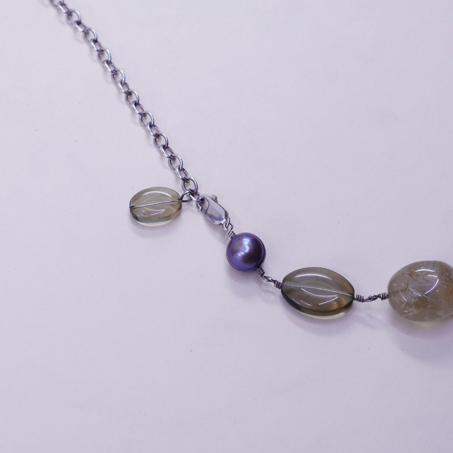 15+2.5”, sterling 925 silver necklace, lace agate Tourmalinated Quartz pearl