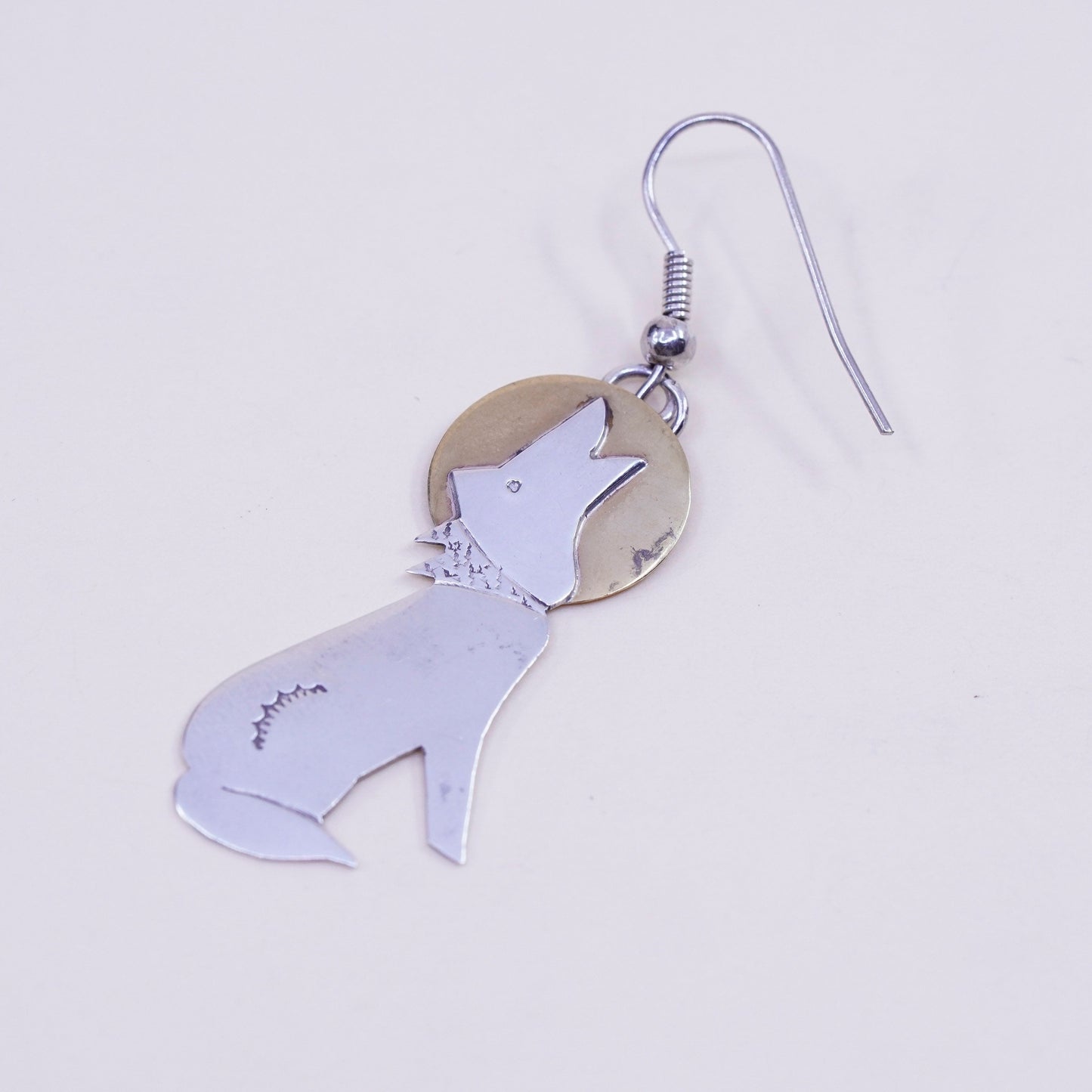 Two Tone sterling silver handmade earrings 925 werewolf wolf disc brass dangles