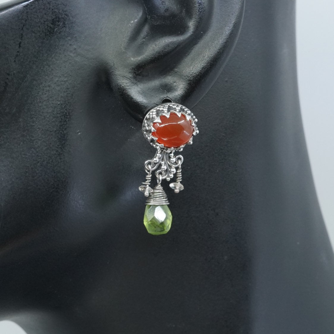 vtg Sterling silver handmade earrings, 925 w/ carnelian N teardrop peridot